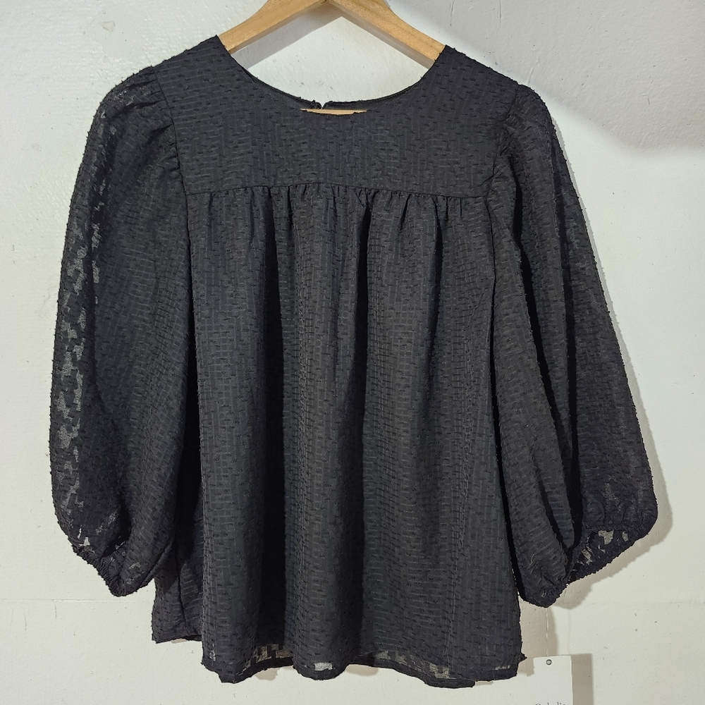 Ophelia Roe NWT Black Sheer Bubble Sleeves Textured‎ Peasant Top Size Small